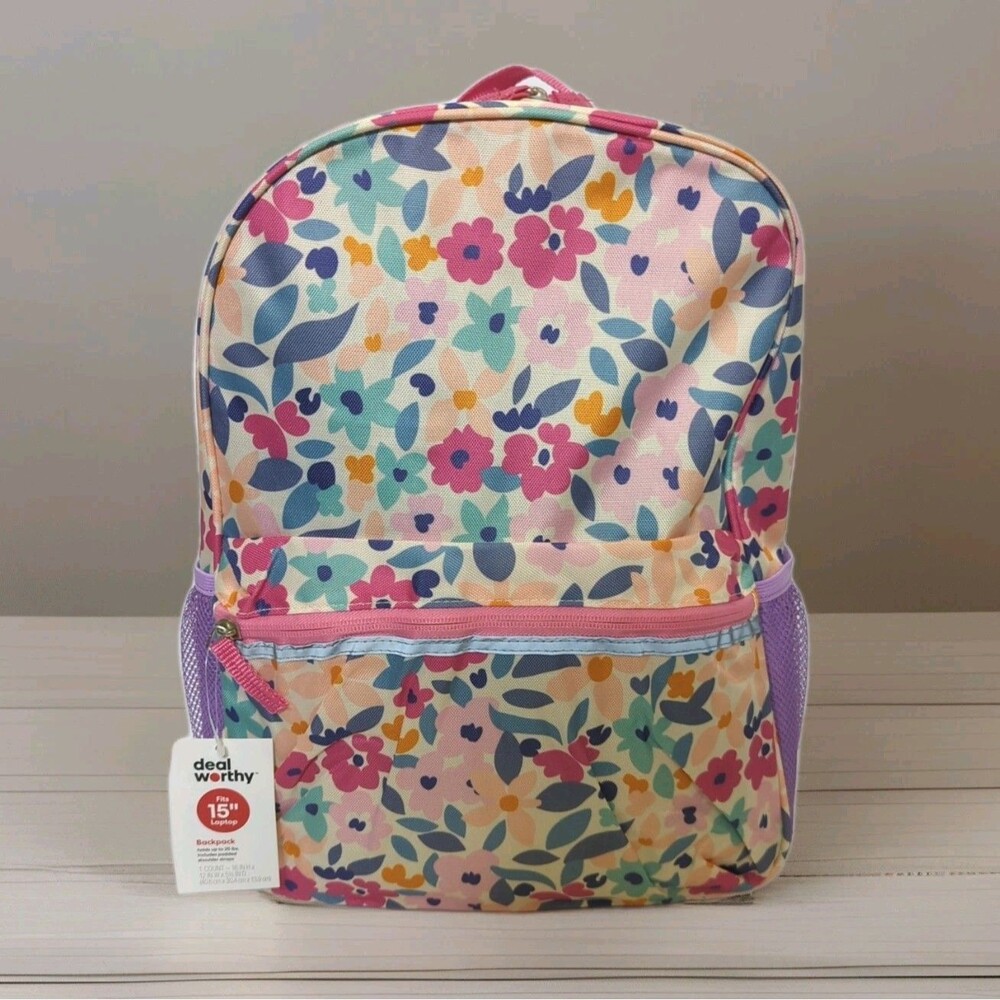 Purple Floral Backpack w Laptop Pocket Reflective Strips